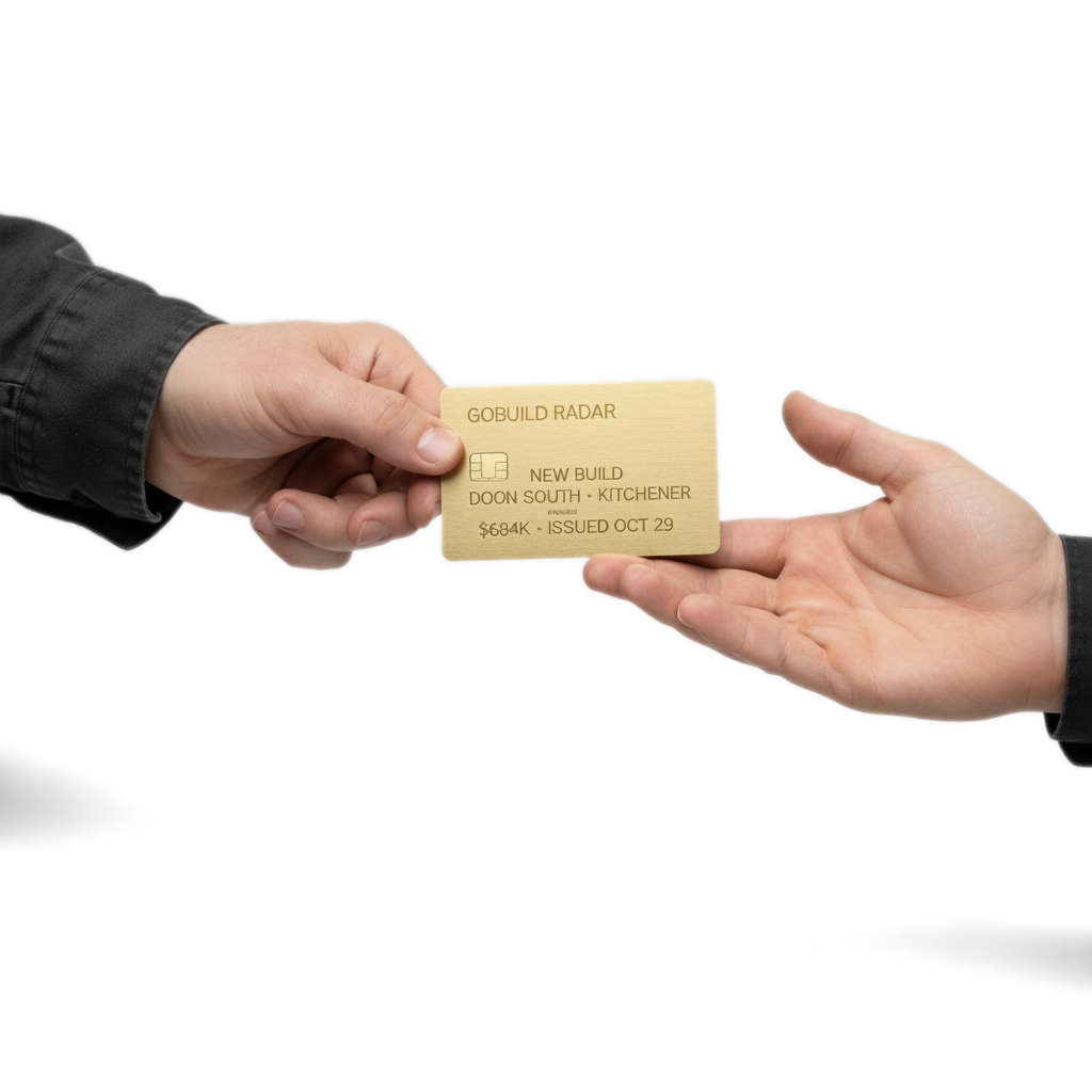 A GoBuild Radar lead card handed from one hand to another