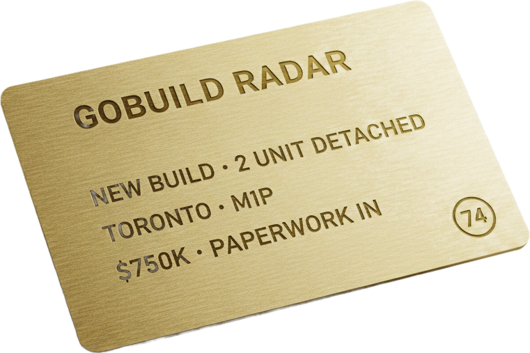 A Radar lead card: new build, Toronto M1P, paperwork in, graded 74